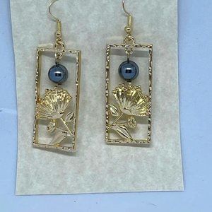 Hamilton Gold Rectangle shape Earrings with bird of paradise and pearl